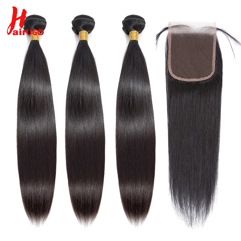 HairUGo прямые волосы пучки с закрытием бразильские плетение человеческие пучок