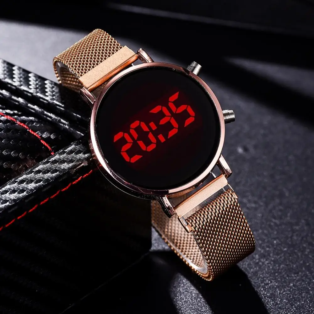 

Luxury Rose Gold Digital Red LED Dial Watches For Women Stainless Steel Belt Quartz Watch Ladies Magnet Clock Drop Ship