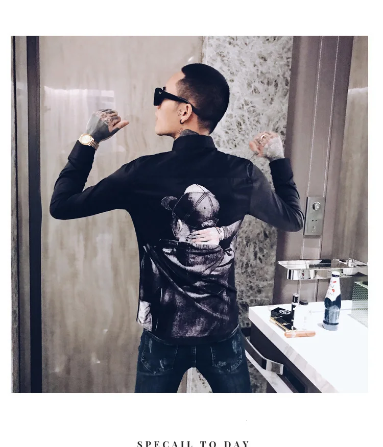 Осенняя мужская рубашка с принтом Camisa Hombre Повседневная приталенная рубашка Мужская Уличная рубашка Camisas Hombre черный смокинг для ночного клуба