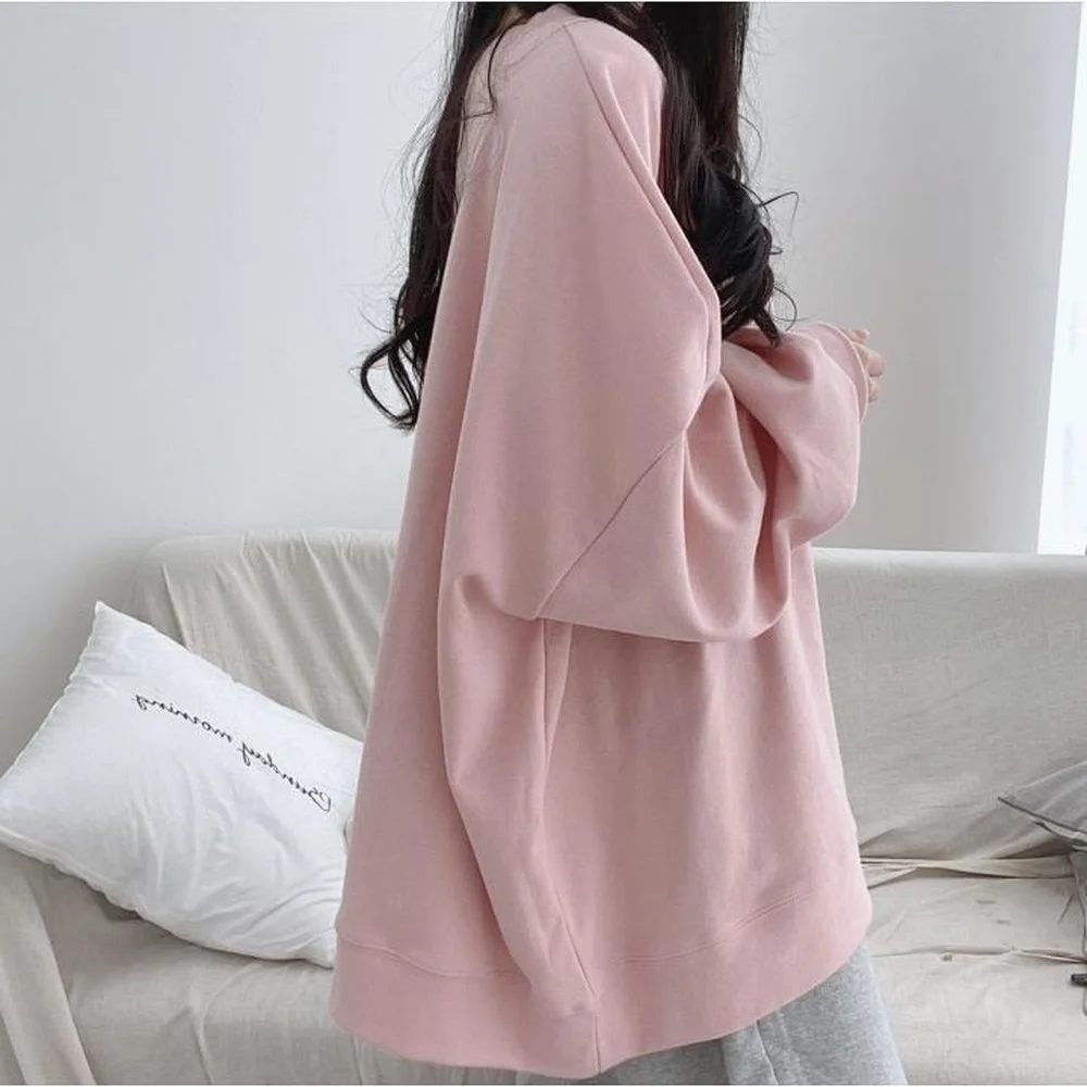 

2021 Harajuku Spring Long Sleeve Women Hoodies Pure Color Casual Loose Tops Couple's O-Neck Cotton Hoodies Women Sweatshirt