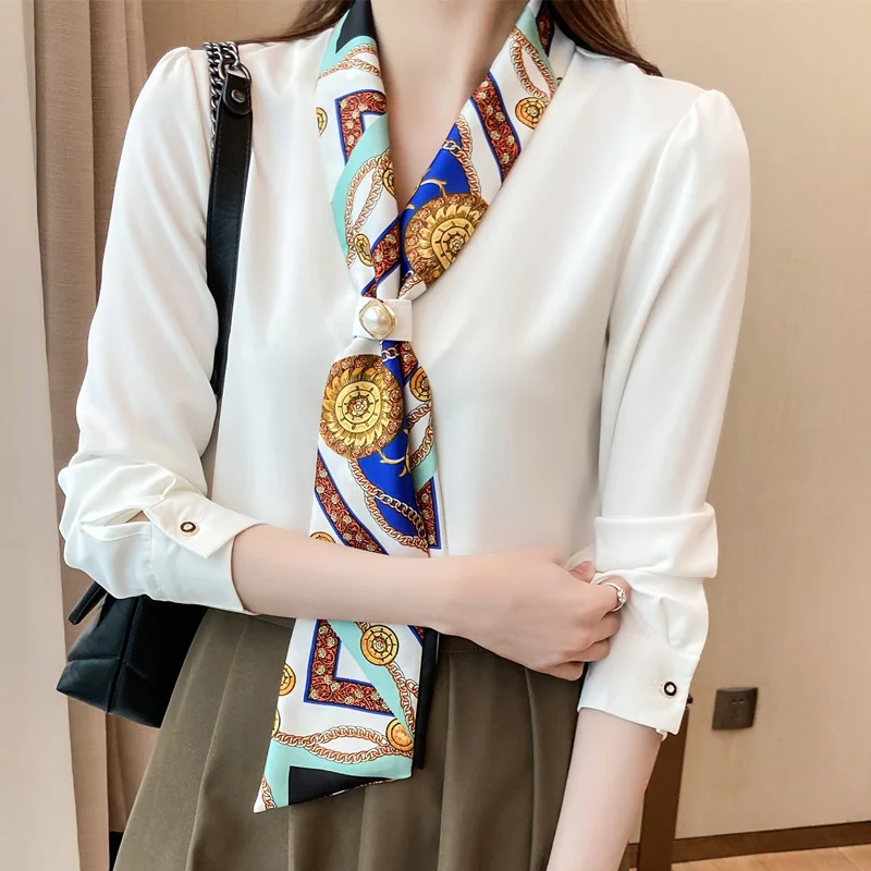 

Summer Women's French Style Workwear Office Solid Satin Blouse Lady Scarf Collar Long Sleeve All-match Elegant Tops 2021 T15925X