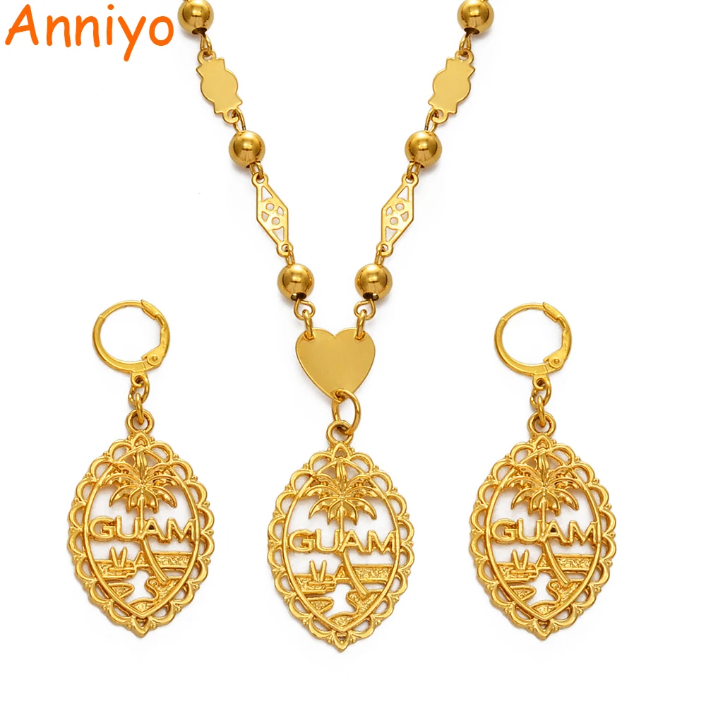 Anniyo Guam Flag Pendant Necklaces Earrings sets for Women Gold Color Chains Jewelry Gifts #195206 | Украшения и аксессуары