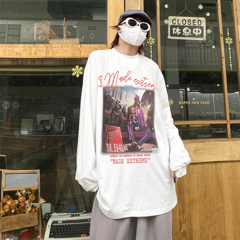 

Мужская хлопковая футболка с длинным рукавом, круглым вырезом и принтом рэп