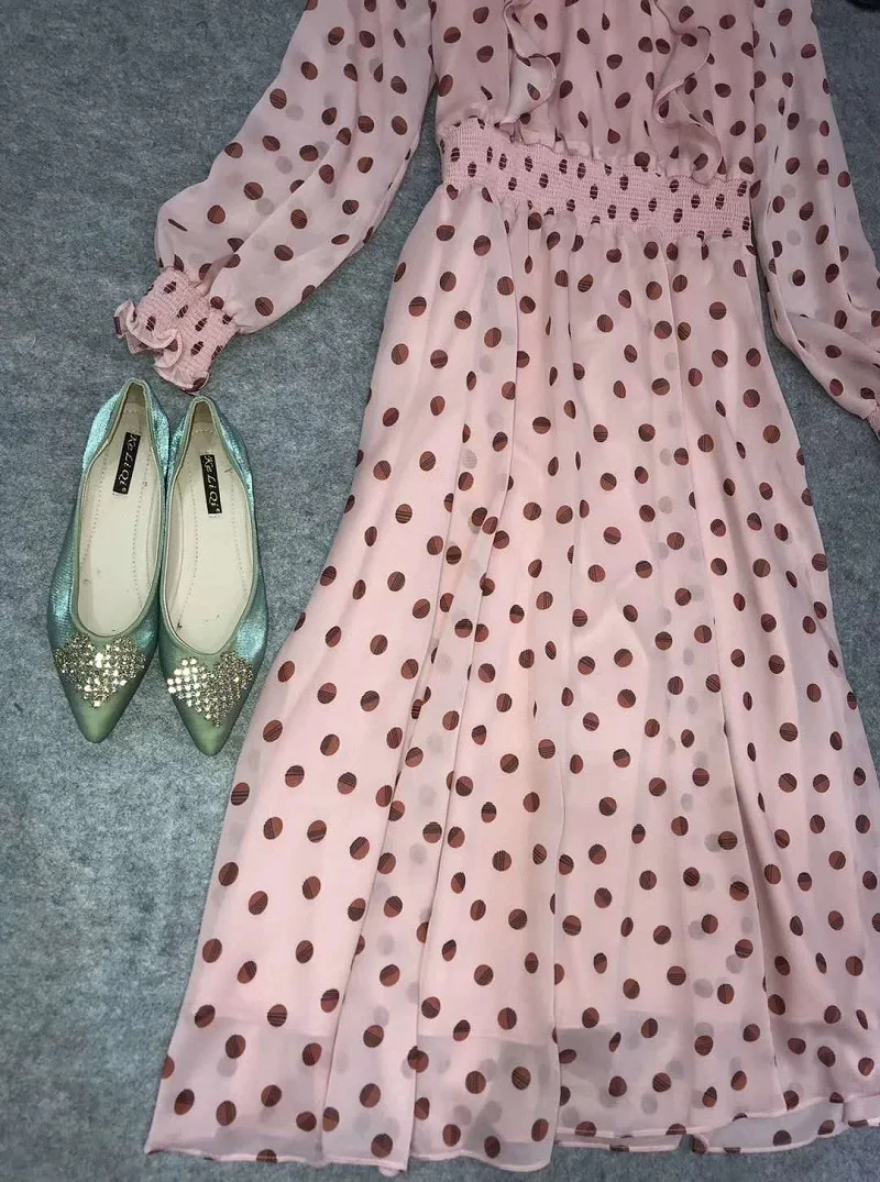 

Sweet Pink Dress 2020 Summer Women Ruffled Collar Polka Dot Print Ruffle Patchwork Long Sleeve Mid-Calf Length Casual Sun Dress