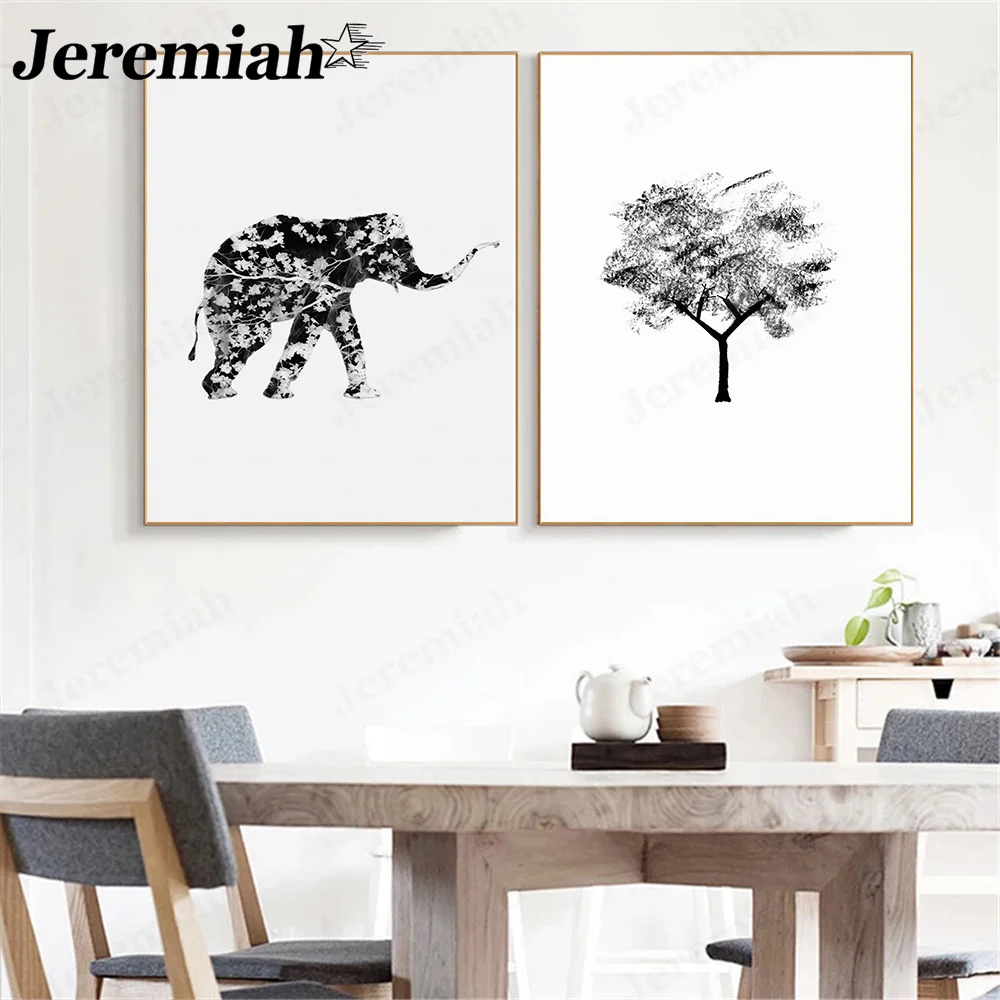 

Modern Abstract Animal Canvas Painting Black and White Cat Elephant Tree Poster Wall Art Nordic Living Room Home Decoration