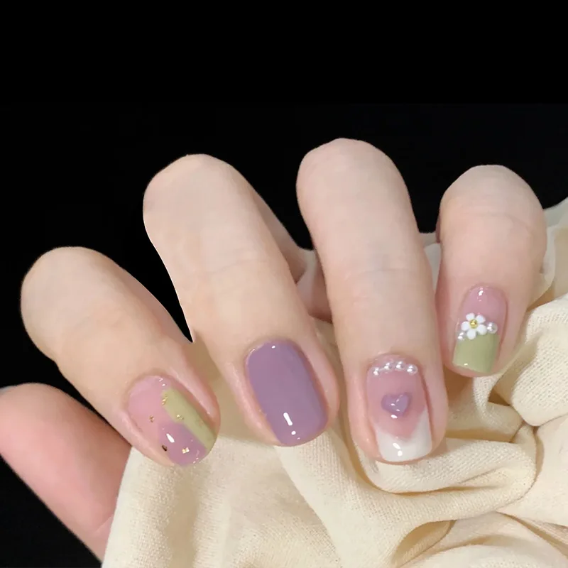 

24pcs Pearl Nail Art Tools Small Fresh Style Glue Type Removable Short Paragraph Manicure Save Time False Nail Tips