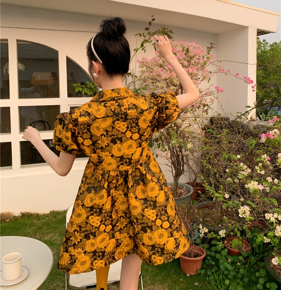 

Print Short Dresses Women Chic Spring Sweet Cute Relief Jacquard Small Turn-down Collar Puff Sleeve Dress