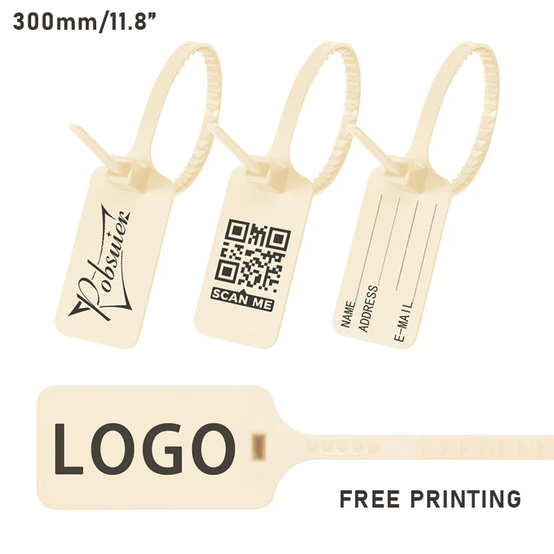 

100Pcs Custom Brand Logo Tag Zip Ties Off Hang Labels White Plastic Security Seals Garment Clothes Shoes Bag Beige Cream 30CM