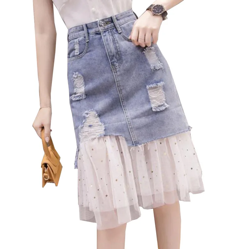 

Women Denim Skirt Summer High Waist Splicing Lace Skirts Female Fashion Buttocks Net yarn Skirt Lady irregular Femme Skirt R1052