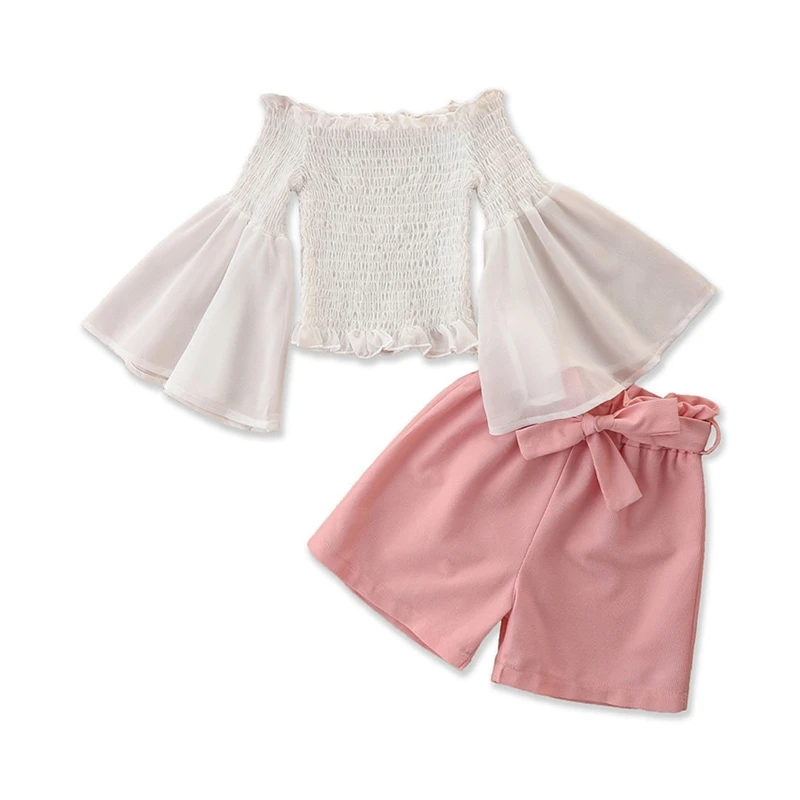 

Kid Girl Casual Short Pants Outfits, Pure Color Long Flare Sleeve Pleated White Tops + Waist Tie Up Pink Pants Set