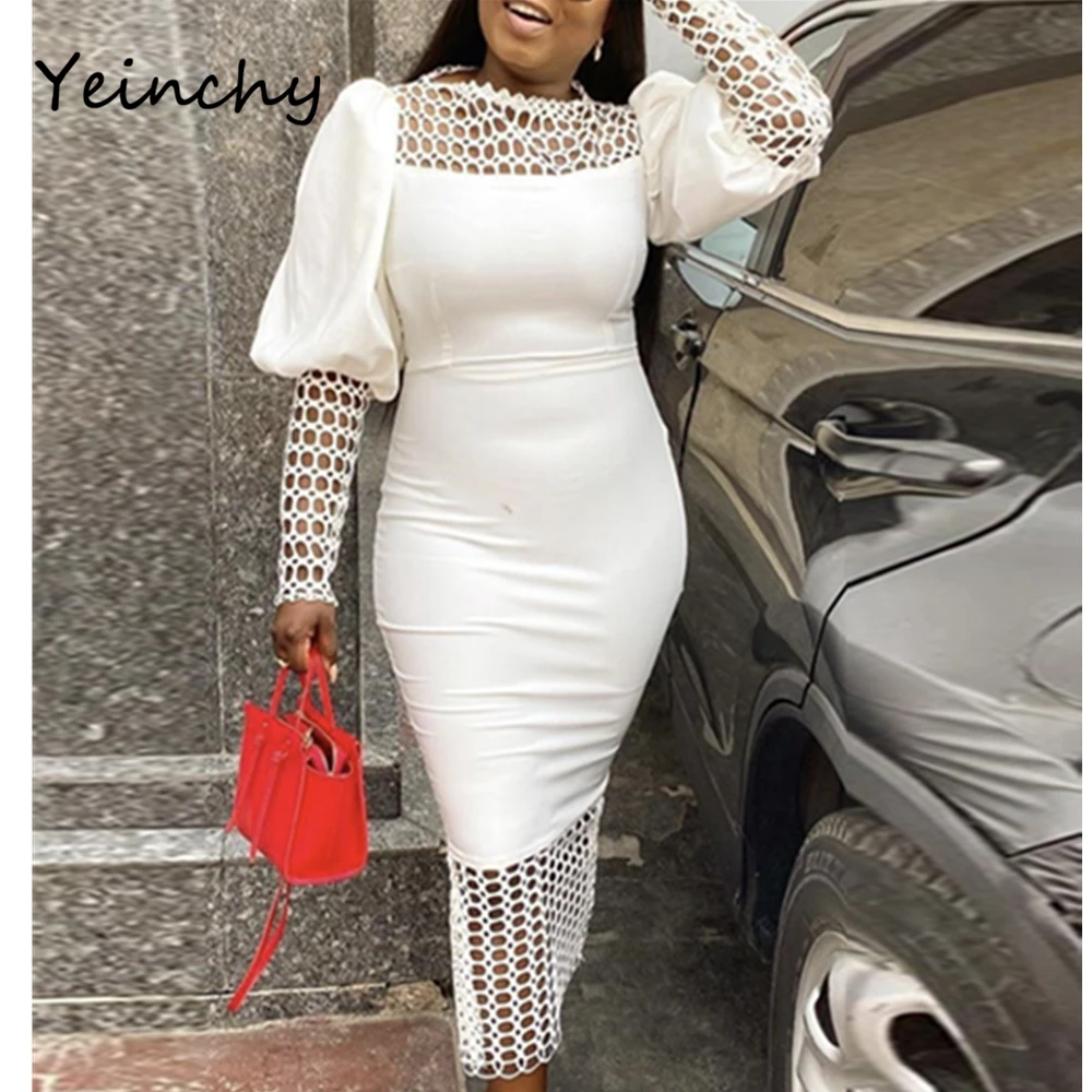 

Yeinchy ladies sexy O neck long sleeve Women hollow out Dress split Elegant Party Dresses FM6254