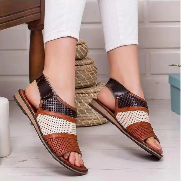 

2021 Women Flat Sandals Hollow Out Hook Loop PU Leather Ladies Slingbacks Summer Sandals Shoes Woman Peep Toe Casual Rome Female