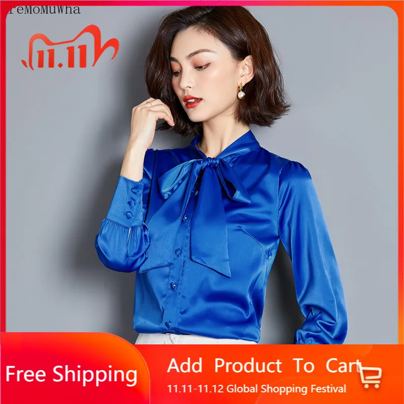 Шифоновая рубашка со шнуровкой и большим бантом с длинными рукавами женская из