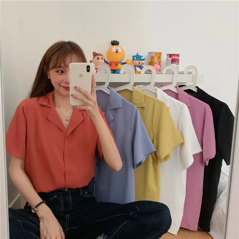

Blouses Shirts Women Summer Solid Candy Color Leisure All-match Vintage France Womens Tops Chic Elegant Notched Retro Ulzzang