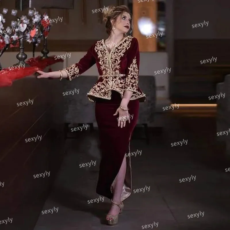 

Morrocan Burgundy karakou Algerien Evening Dresses Robe Sexy Two Piece Velvet Prom Dress With Gold Appliques 2021Side Slit Gown