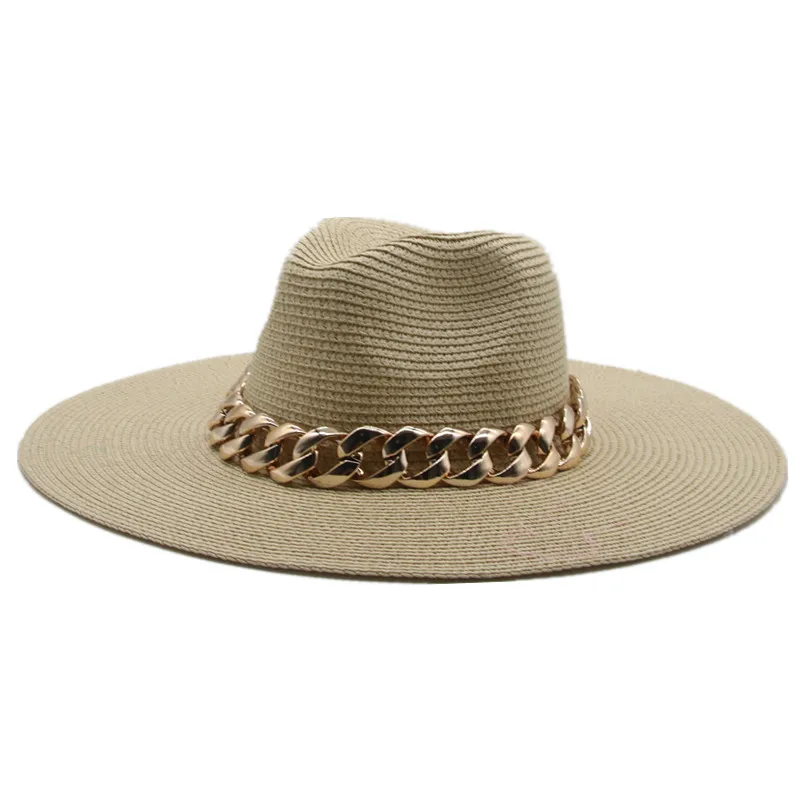 

women hats straw sun protection chain band big brim 11cm summer hats solid khaki black white men caps panama summer women hats