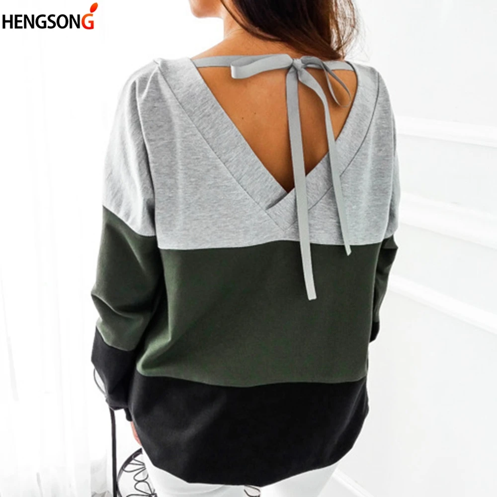 

Fashion Patchwork women's Hoodie Long Sleeved Lace Up Sports Loose Casual Shirt Hedging Wild O Neck Female Hoodie