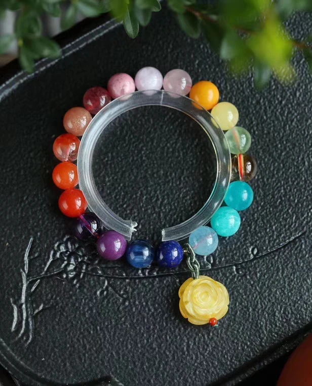 

10mm Natural Rainbow Different Mixed Stone Bracelet Amazonite Lapis Amber Agate Aquamarine Beads Amber Flower Pendant AAAAA