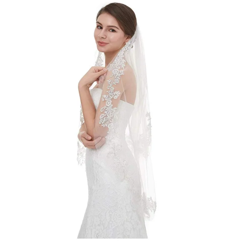 Красивая кружевная боковая инкрустированная Цветочная свадебная вуаль для
