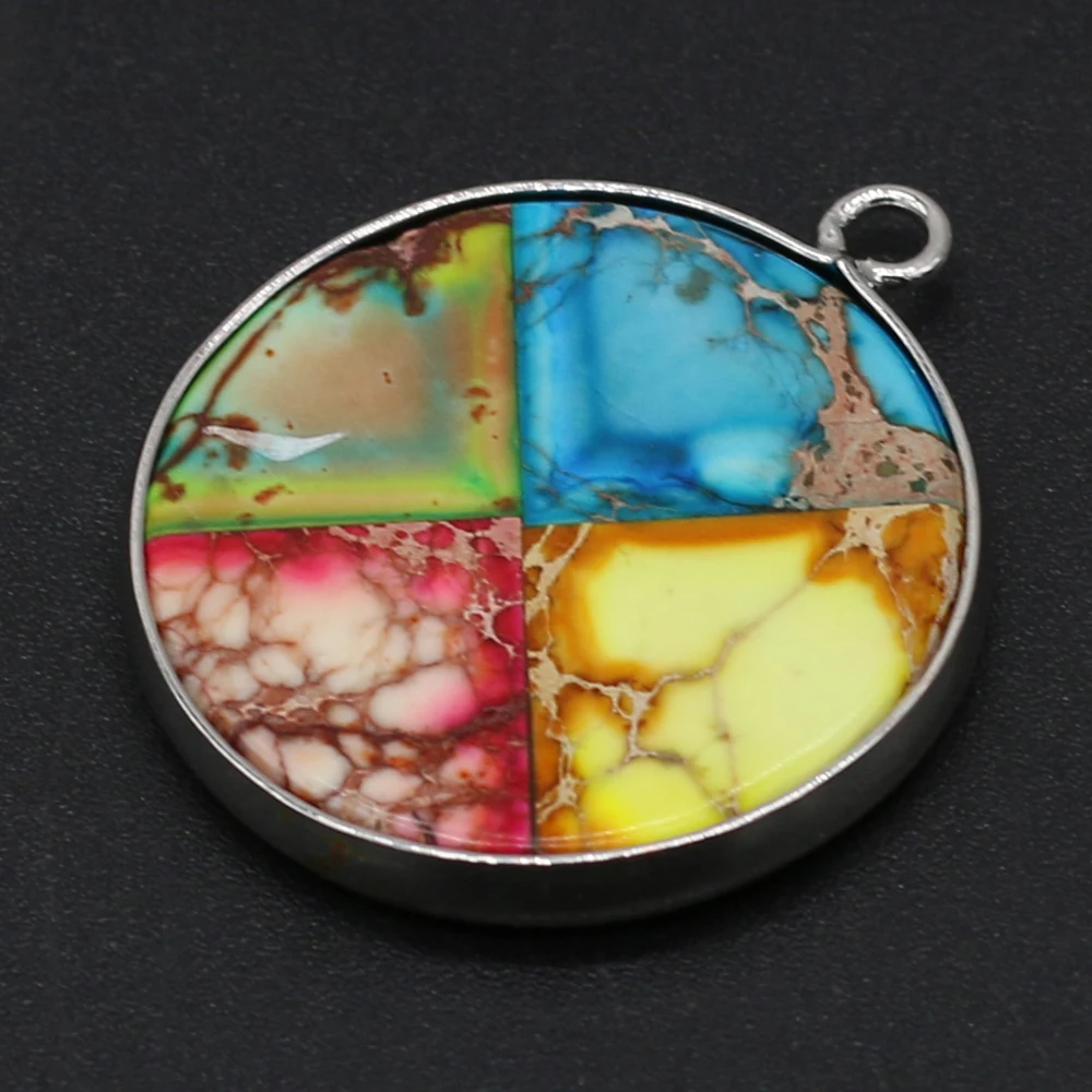 

Natural Emperor Stone Pendants Imperial Jasper Multicolor Round Shape Silver Plated Charms Pendant For Jewelry Making Necklaces