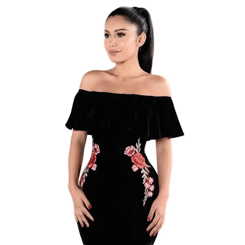 sexyboutique women dress sexy ruffled neck slash neck line mini bodycon ladydress strapless party dress