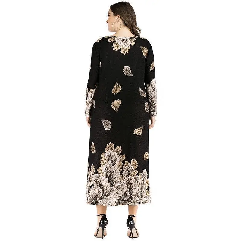 

WEPBEL Muslim Abaya Loose Women Long Maxi Dress New Plus Size Dresses Long-Sleeved Flower Leaves Printed Dress Ramadan