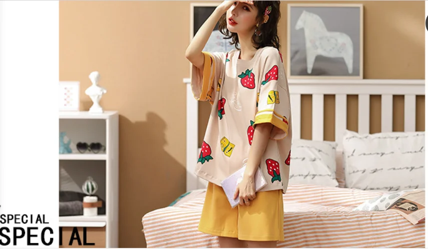 

New Pajamas Sets Summer Graphic Tee Frilled Striped Shorts PJ Round Neck Short Sleeve Set Nightgown Female Cartoon Pijama Mujer