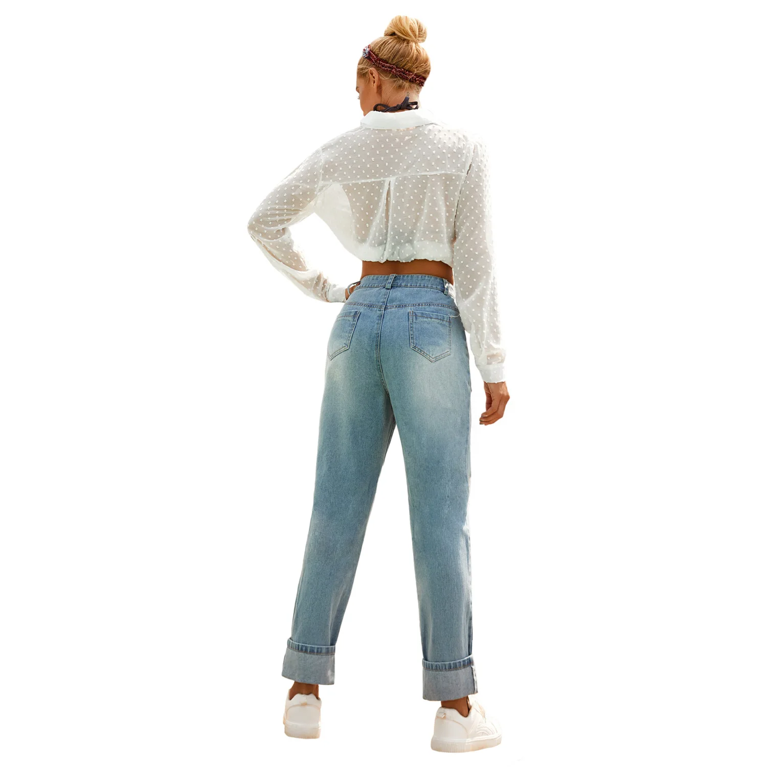 Sexy Ripped Hole Jeans Spring Women Retro Loose Washed High Waist Jeans Female Fashion Pockets Zipper Straight Jeans