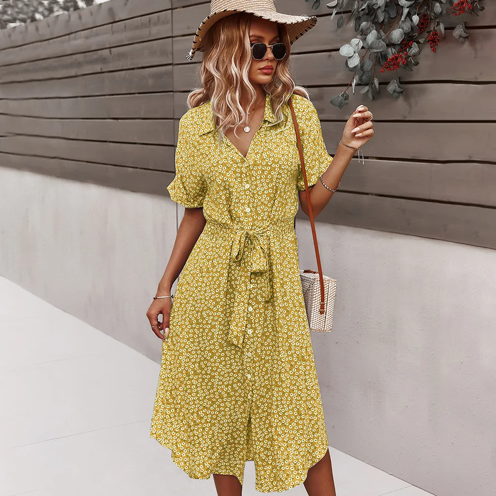 

Design women's printed dress casual holiday style 2021 spring and summer sexy big swing skirt