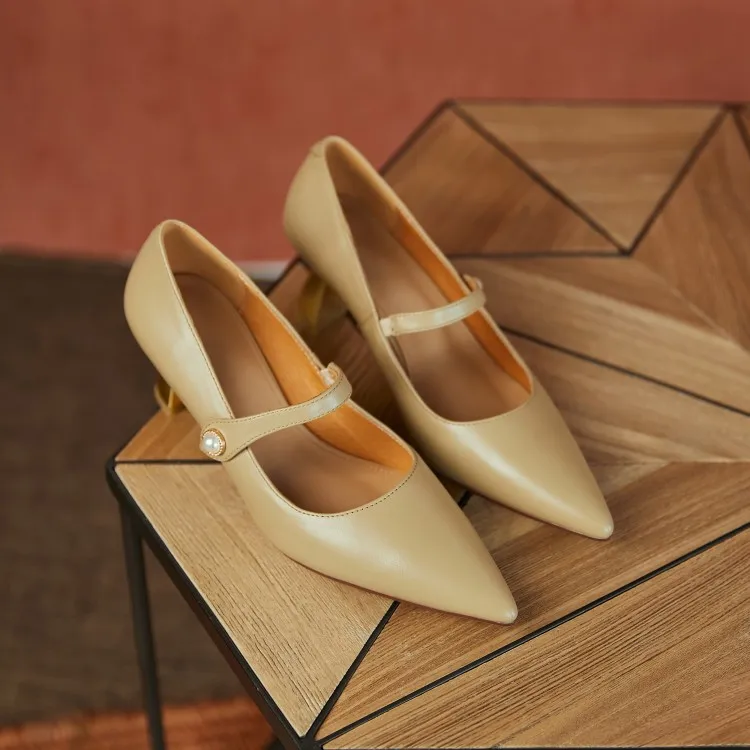 

MLJUESE 2021 Women Pumps Soft Cow leather Autumn Spring Mary janes Black color Pointed toe High heels pumps size 34-40