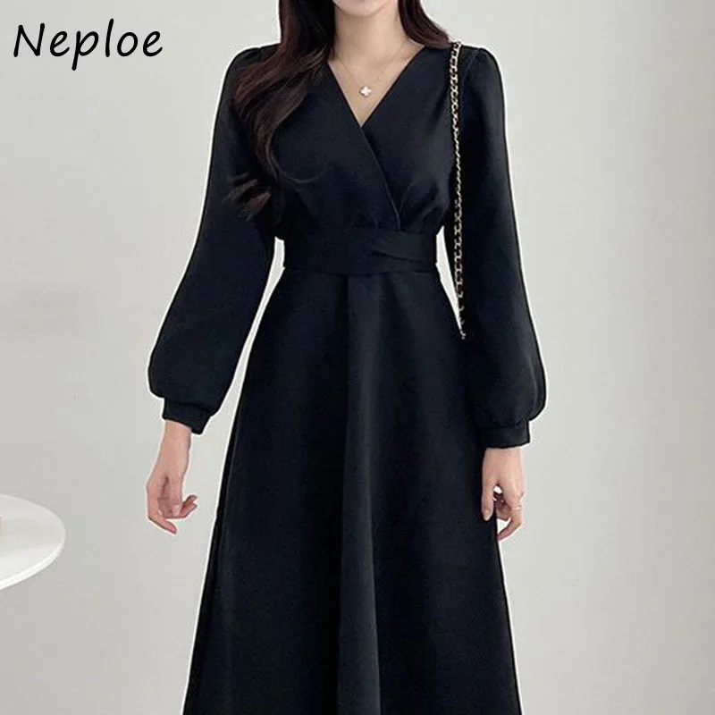 NEPLOE Платье на запах с V-образным вырезом и крестиком, с пышными рукавами и складками на талии для женщин, однотонное, элегантное, женственное платье Vestido Feminino.
