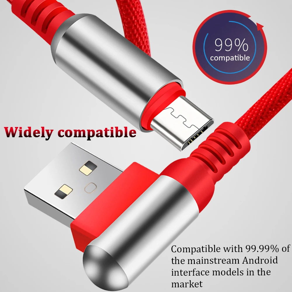 Micro USB кабель 2.1A 90 градусов под прямым углом локоть Быстрая зарядка шнур