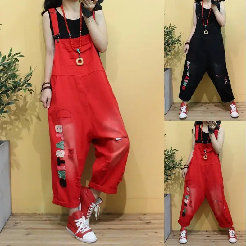 

2021 large spring and summer Korean denim strap pants women's Embroidery age reduction fashion loose show thin Harlan Jumpsuit