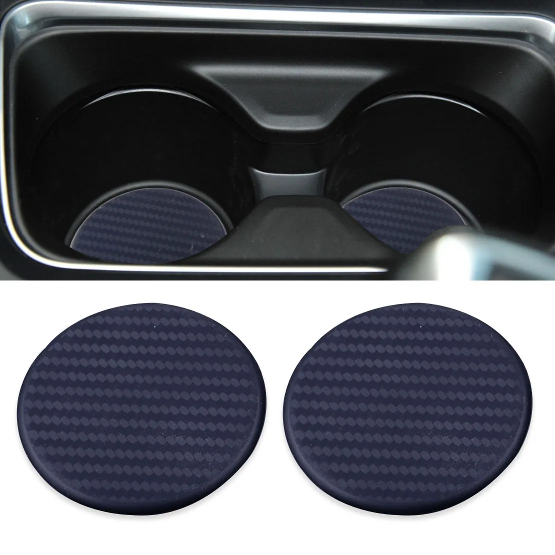 

2Pcs High Quality Non-slip Elastic Durable Carbon Fiber Look Auto Water Cup Slot Non-Slip Mat Pad Car Accessories Black