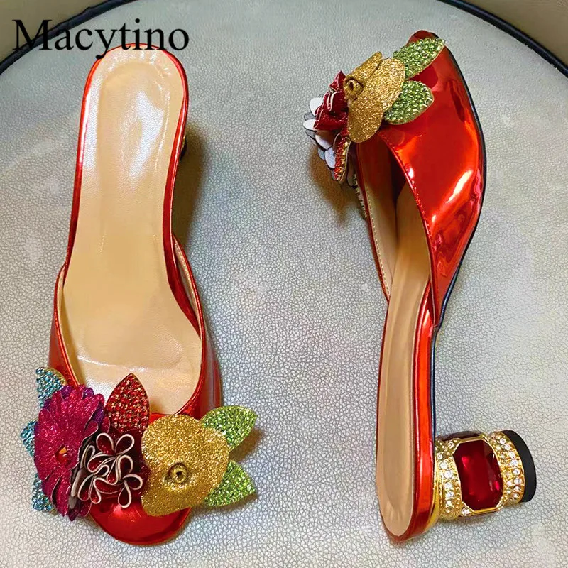 Flower decoration ladies high-heel slippers sequins rhinestone decoration glass-heel slippers fashion party slippers