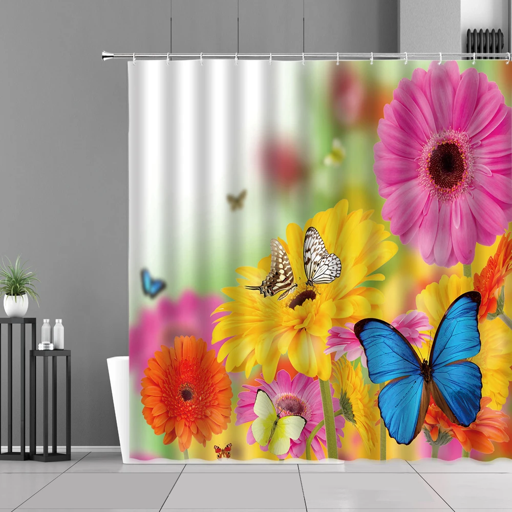 

Colorful Flowers Butterfly Shower Curtains Spring Countryside Scenery Waterproof Bathroom Curtain Screen Home Decoration Cloth
