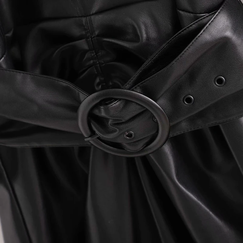 

PUWD Vintage Woman Black Leather Sashes Long Dress 2020 Fashion Ladies Fall Long Sleeve Pu Dresses Female Cool Solid Color Dress