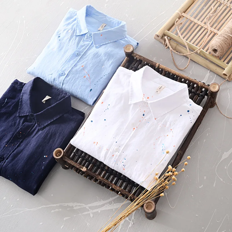 

L529 men's leisure linen long sleeve shirt art men's Linen hand painted color
