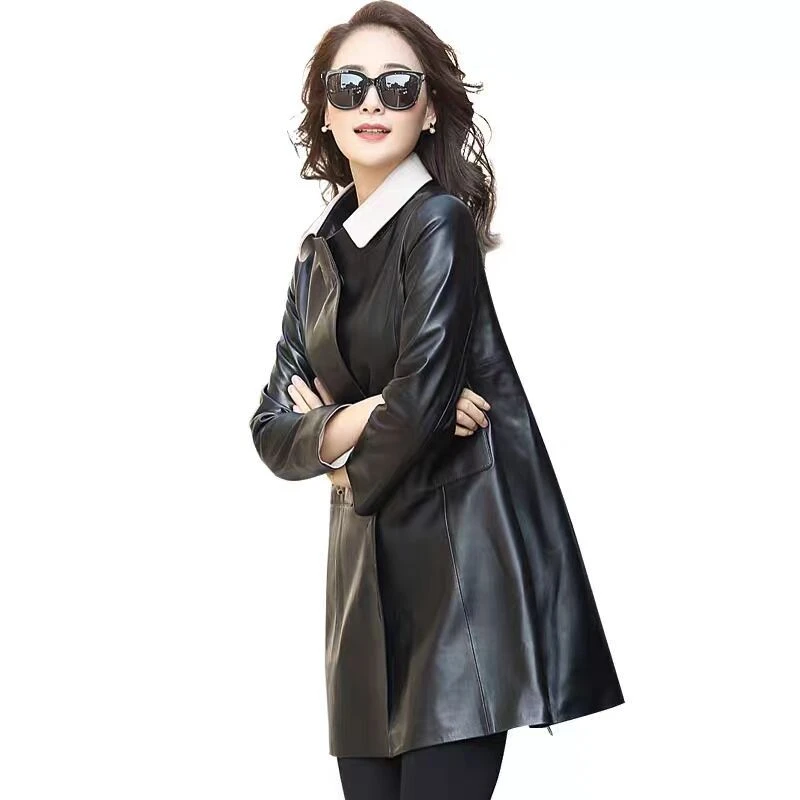 Повседневная кожаная одежда женское длинное пальто куртка из овечьей кожи с