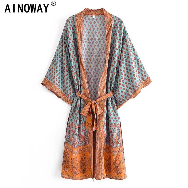 Женское богемное кимоно с цветочным принтом V образным вырезом и рукавом летучая