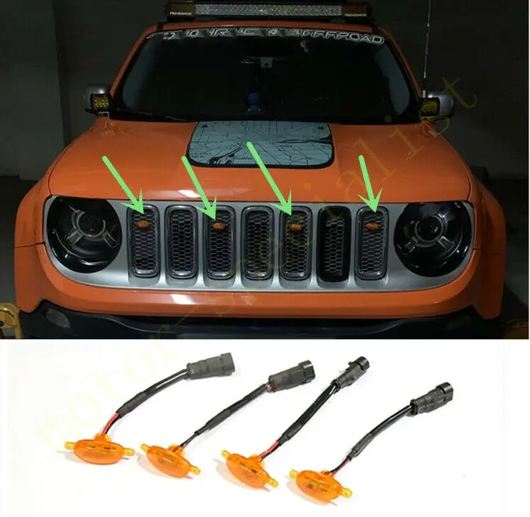 

4pcs Fit For Jeep Renegade 2015-2021 LED Car Front bumper Grille LED Yellow Light Raptor Style Light Kit Decor W/ Wire Speed