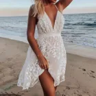 Женское летнее платье без рукавов с V-образным вырезом, Пляжное женское праздничное однотонное кружевное платье, женская одежда, белые платья, Vestido Mujer