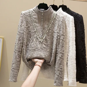 Блузка и рубашки флисовая женская, однотонная, с оборками, на пуговицах