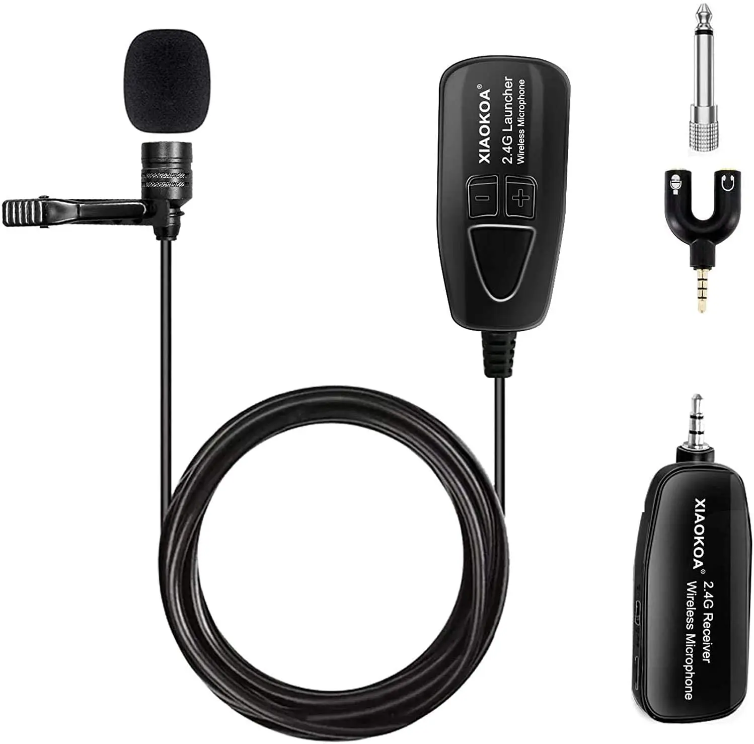XIAOKOA Wireless Lavalier Microphone, 2.4G Wireless Microphone System with Lavalier Lapel Mics,Transmitter&ampReceiver for Confe