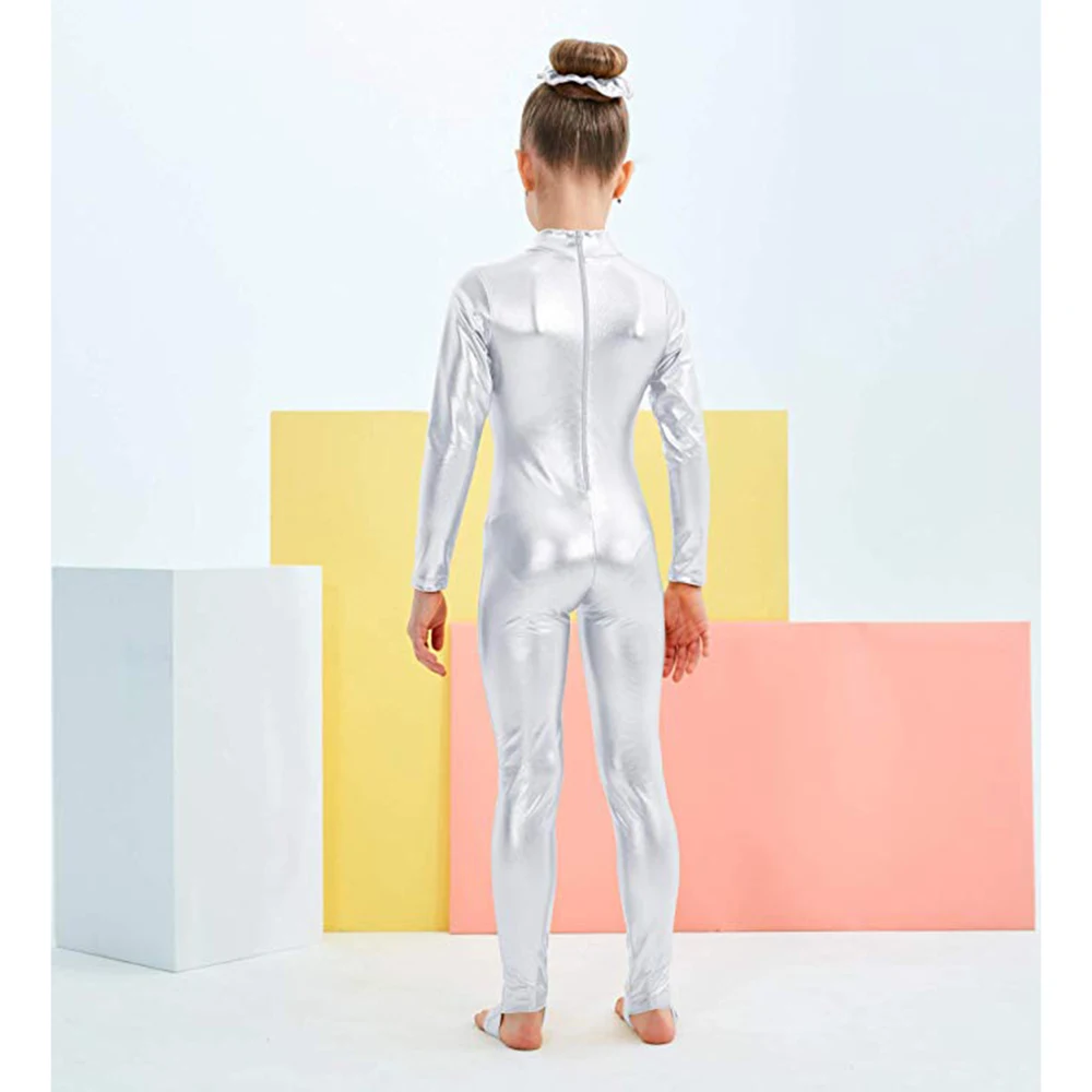 

Kids Long Sleeve Metallic Unitards Stirrups Dance Gymnastics Leotards Girls Shiny Dancewear Stage Performance Show Suit