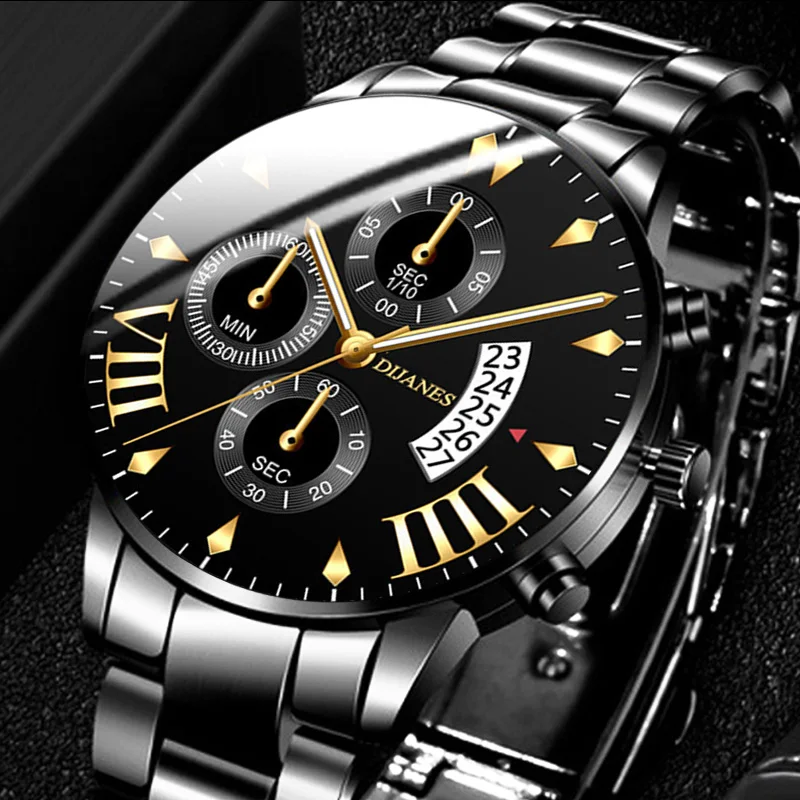 

2021 Men's Fashion Watches Classic Black Stainless Steel Quartz Wrist Watch Men Business Casual Calendar Clock Relogio Masculino