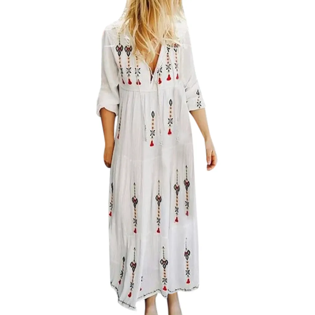 Женское Цветочное платье макси винтажное с длинным рукавом и v образным вырезом