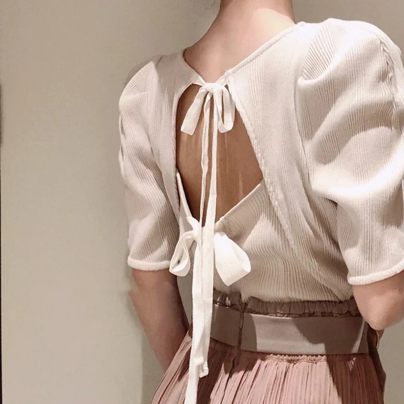 

2021 шикарные однотонные пуловеры на шнуровке с открытой спиной, с круглым вырезом и пышными рукавами, милые вязаные топы в японском стиле, эл...