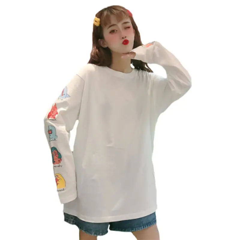 

Women Cute Harajuku shirt Long Sleeve Top Cropped Tops Women Plus sized Spring Auttum Casual Tees White Fashion T shirt 2021