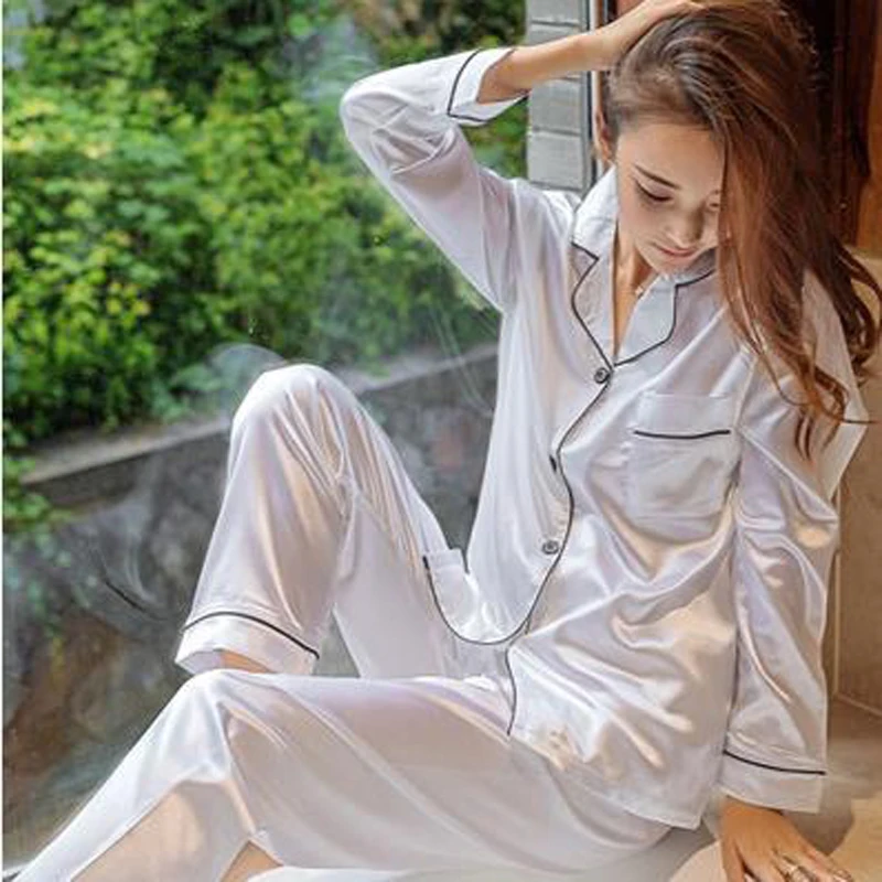 

Plus Size M-5XL 2021 Women Pajamas Set Silk Satin Solid Color Casual Pyjamas Long Sleeve Soft Sleepwear Female Loose Home Wear